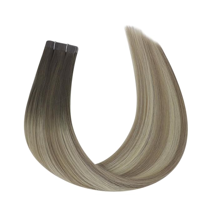 Full Shine Insert Tape in Hair Extensions Color 4 Medium Brown Fading To 7 Brown and 80 Blonde Hair Extensions 24 Inch Invisible Virgin Tape in Extensions Intact Aligned Cuticles 10Pcs 25Grams