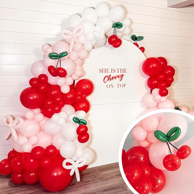 152PCS Cherry Balloons Garland Kit, Cherry On Top Theme Red Pink White Balloon - Image 5