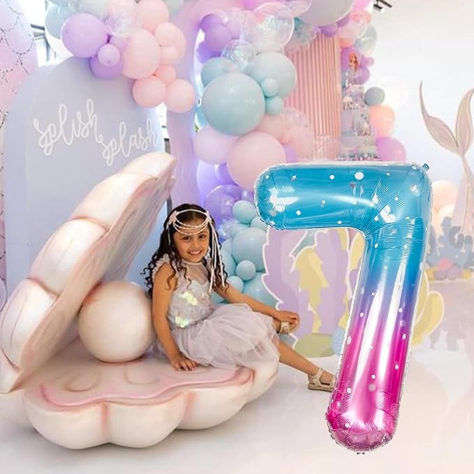 40 Inch Balloon Number 7 Mermaid, Large Mylar Foil Blue Pink Starry Number - Image 8