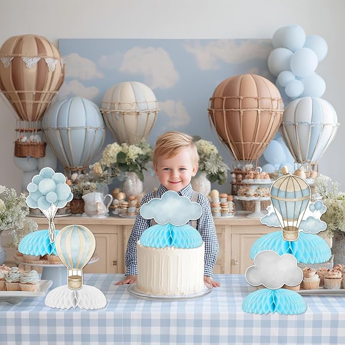 8Pcs Hot Air Balloon Honeycomb Centerpieces Blue Hot Air Balloon Clouds Table - Image 2
