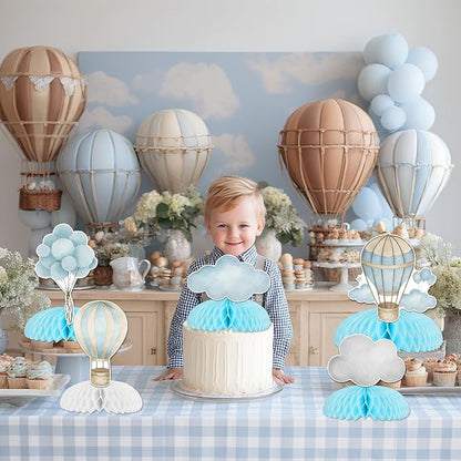 8Pcs Hot Air Balloon Honeycomb Centerpieces Blue Hot Air Balloon Clouds Table - Image 2