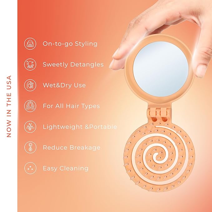 Mini Detangler Travel Hair Brush with Mirror, Makaron Hair Brushes for Women, Men and Kids, Unique 3D Flexible Design for All Hair Types, Styling Accessory, Travel Essentials for Women (PEACH FUZZ)