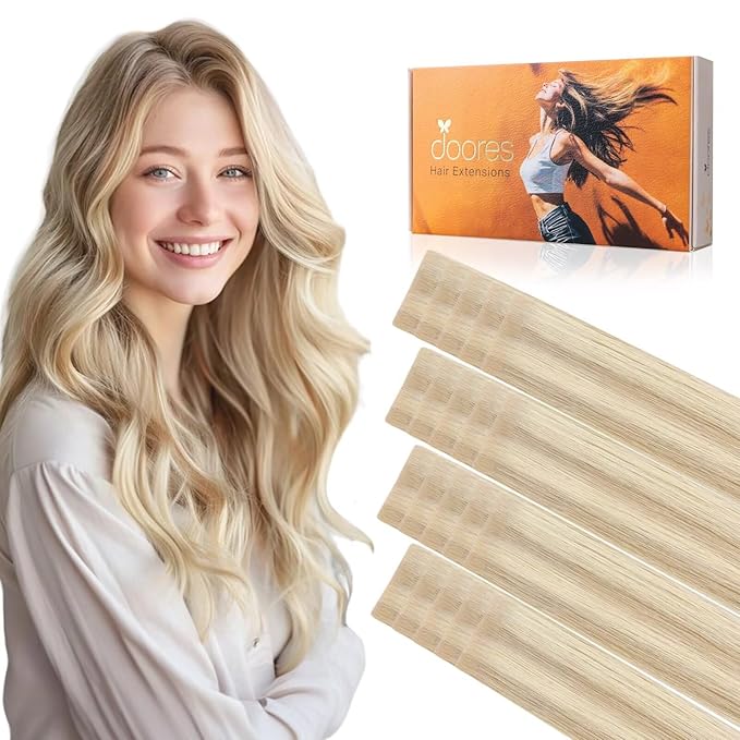 DOORES Invisi Edge Tape in Hair Extensions, Dark Blonde Highlighted Bleach Blonde 10 Injection Tape-ins with 10 Injection Tape-ins 50g 14 Inch, Injected Tape in Extensions