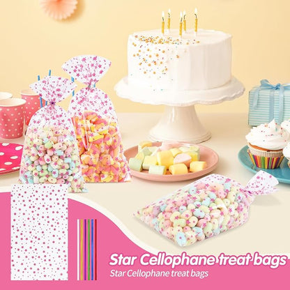 COQOFA 100 Pcs Pink Star 7"X12" Gift Wrap Cello Cellophane Treat Bags Party - Image 4