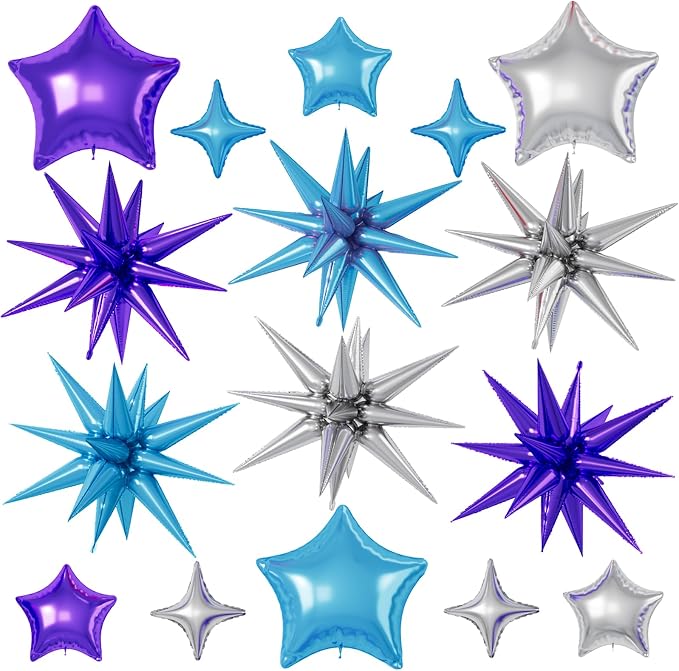 Blue Purple Silver Star Balloons, 22/18/10 Inch Foil Balloons, Four-Pointed by Sowide