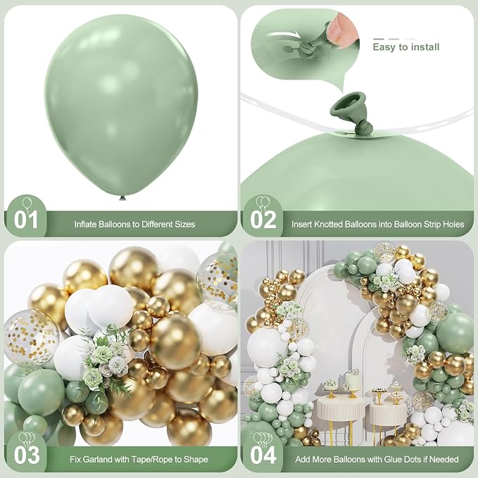 Sage Green White Gold Balloon Garland Arch Kit 156 Pcs Different Sizes 18 12 10 - Image 6