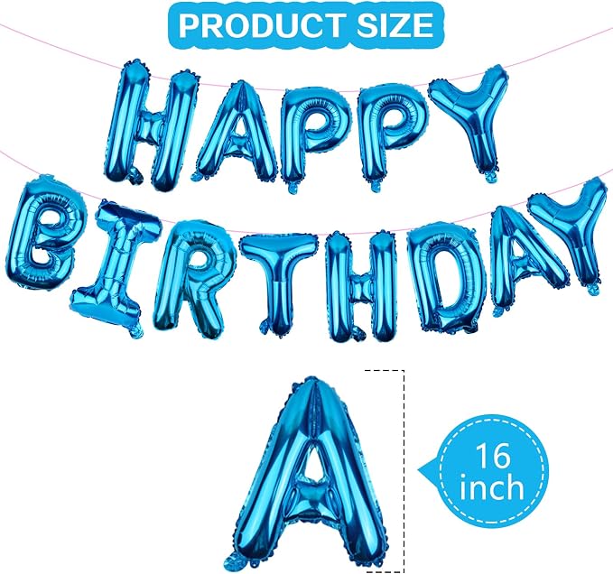 Happy Birthday Balloons Banner Blue 16 Inch Mylar Foil Letters - Image 2