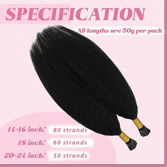 YoungSee I Tips Hair Extensions Kinky Straight 18 Inch Black I Tips Hair Extensions Real Human Hair Black Women 60s Kinky Itip Hair Extension Human Hair Yaki Pre Bonded Hair for Black Women 50g