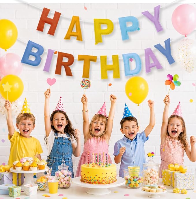 Felt Happy Birthday Banner, Pre-Strung 3D Birthday Rainbow Garland | Reusable - Image 7