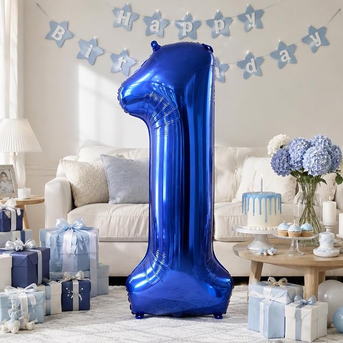 40 Inch Navy Blue Number 1 Balloon, Dark Royal Blue Large Self Inflating Foil by KAINSY