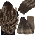 YoungSee Human Hair Sew in Extensions Balayage Double Weft Human Hair Extensions Chocolate Brown with Ash Blonde Balayage Sew in Bundles Human Hair 16Inch 100G