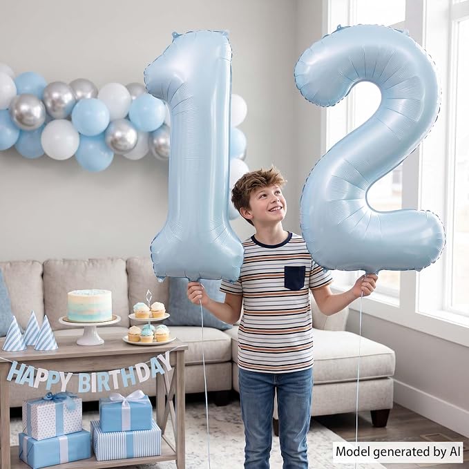 Baby Blue Number 12 Balloon 40 Inch, Foil Sky Pastel Numeral Party Supplies | - Image 6