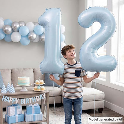 Baby Blue Number 12 Balloon 40 Inch, Foil Sky Pastel Numeral Party Supplies | - Image 6