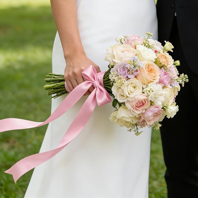 1In 30Yards Pink Satin Ribbon for Flower Bouquet Baby Shower Mother's Day | - Image 7