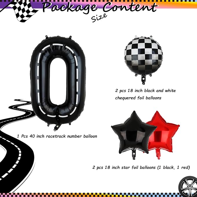 Race Car Birthday Balloons 40 Inch Racetrack Number Balloon 0 Black 5 Pcs | - Image 2