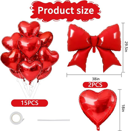 Vuzvuv Red Heart Balloons Red Bow Balloons Set, anniversary, Valentine's Day - Image 2