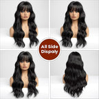 EMMOR Black Wigs for Women Long Curly Wigs With Bangs Water Wavy Synthetic Wig, Party Cosplay Daily Use