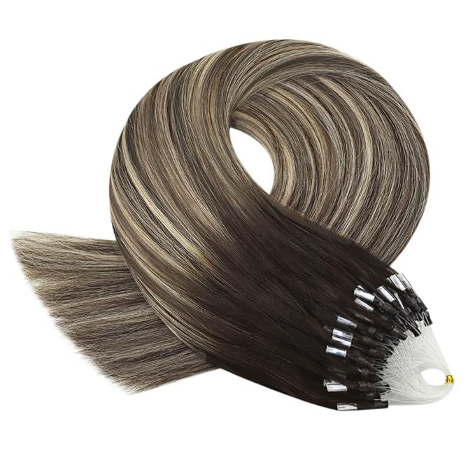 YoungSee Micro Beads Hair Extensions Human Hair Balayage Micro Hair Extensions Human Hair Ombre Dark Brown to Blonde Micro-Loop Hair Extension 14 Inch 50g 50s Bead Hair Extension for Short Hair