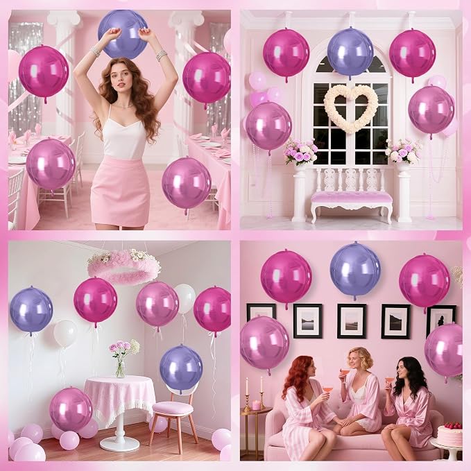 Pink Purple Round Foil Balloons 9 pcs, Metallic Giant 4D Round Balloons 22 Inch - Image 5