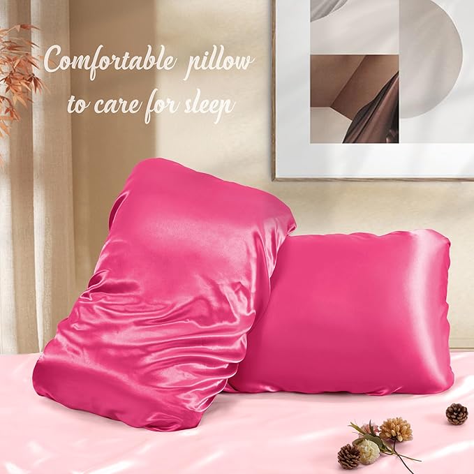 Manyshofu Satin Pillowcases for Hair Protection - 1Pcs Hot Pink Pillow Cases, Elastic Band Standard & Queen Satin Pillowcases Luxury Silky Pillow Cases Travel Pillow Covers