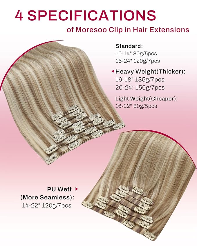 Moresoo Clip in Hair Extensions Remy Double Weft Human Hair Clip in Extensions Straight Hair Extensions for Women Light Brown Highlights with Blonde 7pcs 150g 20inch