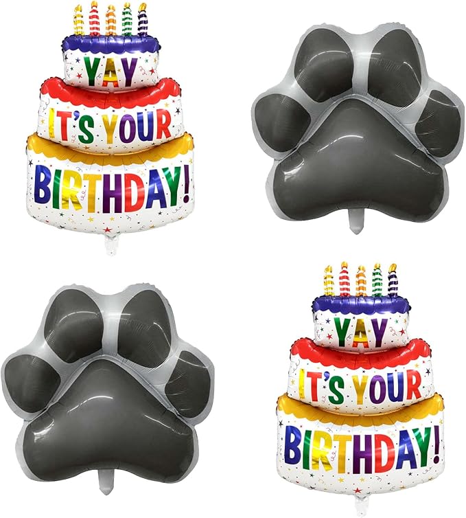 4Pcs Dog Party Decorations Set Happy Birthday Balloon Grey Dog Paw Shaped Mylar by BIEUFBJI