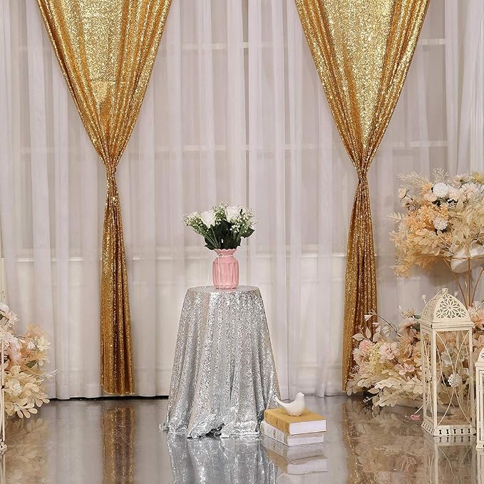 Poise3EHome Gold Sequin Backdrop Curtain, 2 Panels 2Ft x 8Ft Glitter - Image 3