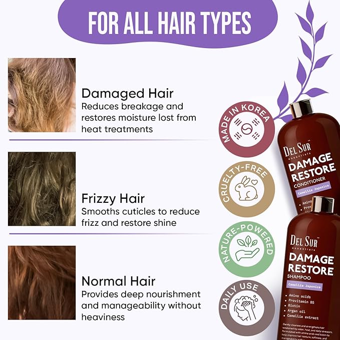 DEL SUR Hair Repair Shampoo and Conditioner Set | 16 fl oz Each | with Camellia Japonica, Amino Acids, Biotin & Argan Oil | Moisturizing Strength & Damage Repair for Dry, Damaged Hair