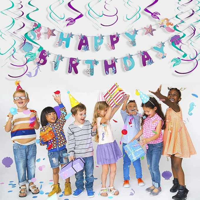 SUNBEAUTY Mermaid Happy Birthday Banner Little Mermaid Theme Birthday - Image 7