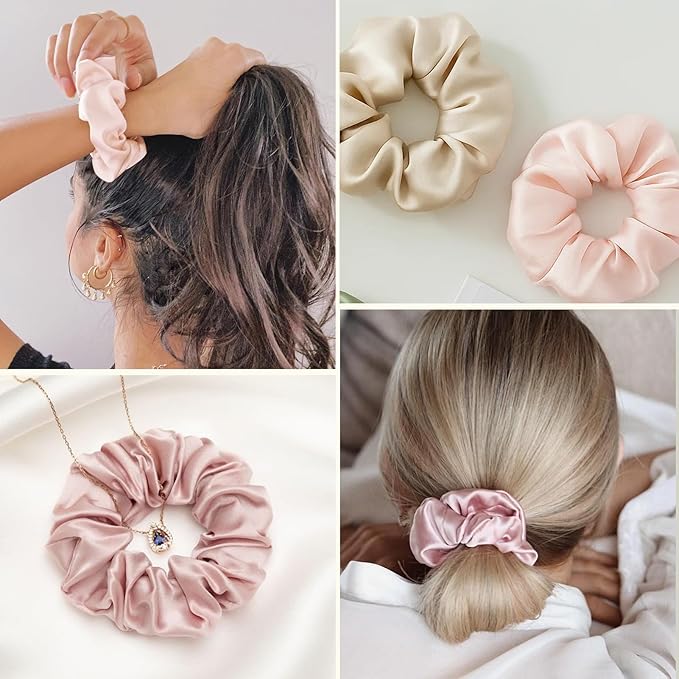 LILYSILK Silk Hair Scrunchies Ties for Frizz & Breakage Prevention 100% Mulberry Elastic Ponytail Holder 5PC (2 gravel gold+2 pale pink+1 rosy pink)