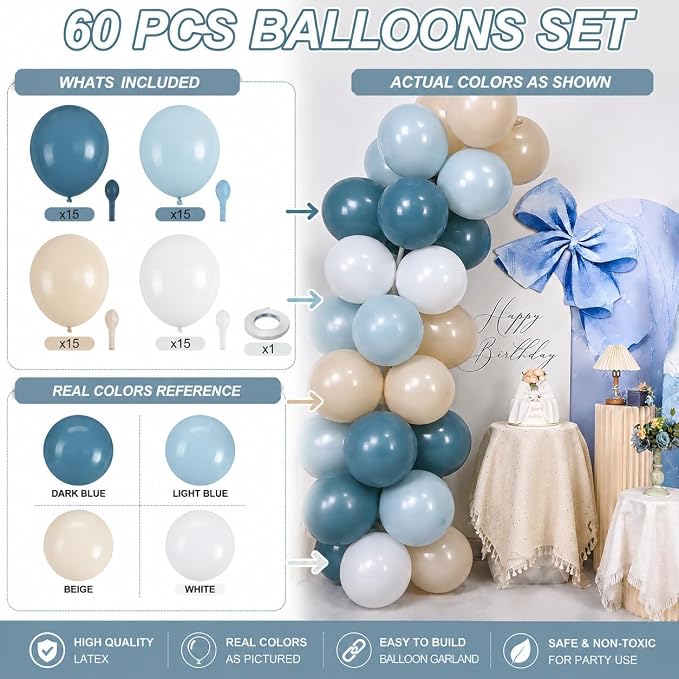 Dusty Blue Balloons 60PCS 12Inch Slate Baby Light Blue White Balloon | Sand - Image 2