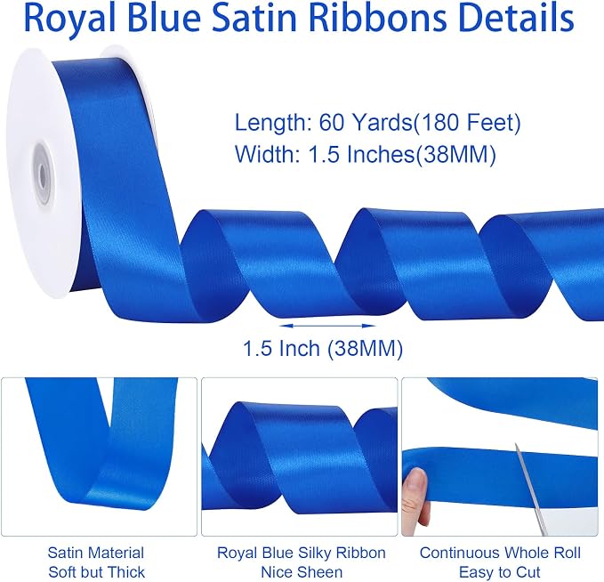 woric Royal Blue Ribbon 1 1/2 Inch 60 Yards Blue Satin Ribbons | Graduation - Image 2