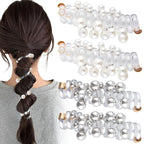 4PCS Bead Spiral Hair Ties, Artificial Pearl Bead Phone Cord Ponytail Holders for Women, Elegant Rubber Hair Coils, Stylish Hair Accessories for Party, Daily Use - White, Silver Bead