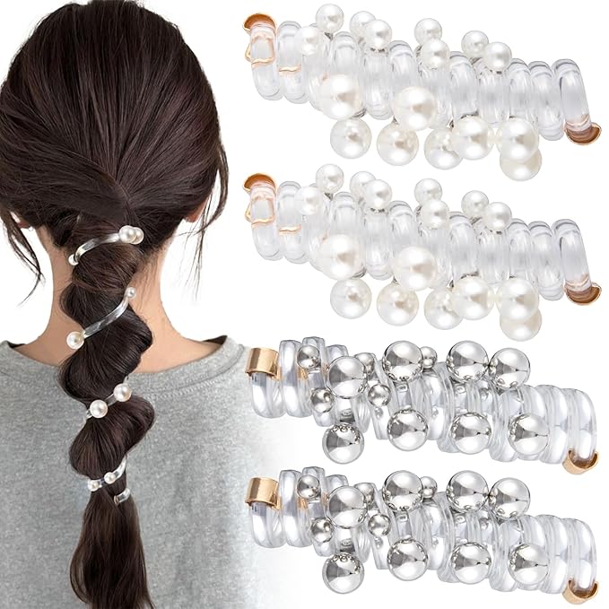 4PCS Bead Spiral Hair Ties, Artificial Pearl Bead Phone Cord Ponytail Holders for Women, Elegant Rubber Hair Coils, Stylish Hair Accessories for Party, Daily Use - White, Silver Bead