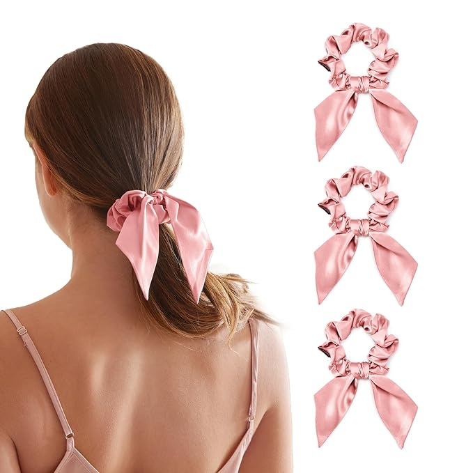THXSILK 100% Mulberry Silk Bow Scrunchies 3-Pack, 22 Momme Mulberry Silk Hair Ties for Women, Cute Bunny Ear No Damage Ponytail Holders, Fashion Hair Accessories for Girls(M, Charming Pink)