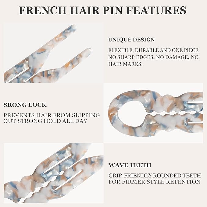 Sunolga 4pcs Prestige French Hair Pins for Women, 4.38" Large, Serrated Anti-Slip Design, Curved Shape for Better Head Fit, Coquette Elegant Hair Accessories for Updos, Chignon, Bun Hairstyles