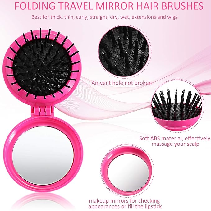 Boao 2 Pack Foldable Travel Mirror Hair Brushes Round Portable Folding Pocket Hair Brush Mini Comb Compact Travel Size Massage Comb for Men Women (Purple, Rose Red)