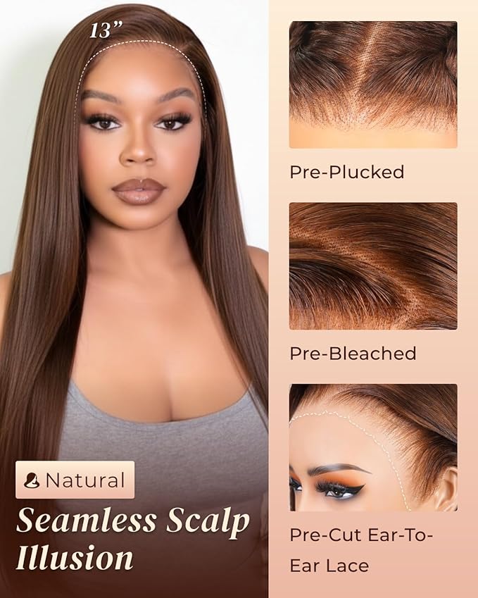 Arabella 13x6 Chocolate Brown Lace Front Wig 210% Brown Glueless Wig Human Hair Real HD Lace Front Wig True Pre Plucked Pre Bleached Pre Cut Glueless Wig (20inch,13x6 Chocolate Brown Straight wig)