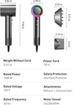 High-Speed Hair Dryer, 160,000 RPM Brushless Motor for Ultra-Fast Drying,500M Ionic Negative for Frizz Reduce, Low Noise Thermo-Control Blow Dryer with Diffuser for Curly Hair Women and Men,Grey