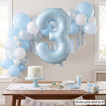 Baby Blue Number 3 Balloon 40 Inch, Sky Pastel Foil Numeral Party Supplies | - Image 7