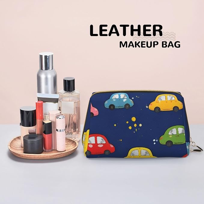 Navy Blue Drawing Car Leather Makeup Bag Cosmetic Pouch Portable Travel - Image 7