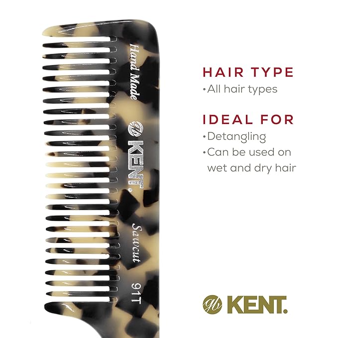 Kent 91TW Detangler Combs for Women Wide Tooth Hair Comb for Curly and Wavy Hair, Wide Tooth Combs and Wet Hair Comb, Large Handle Wide Tooth Shower Comb for Hair for Effective Detangling Kent Comb