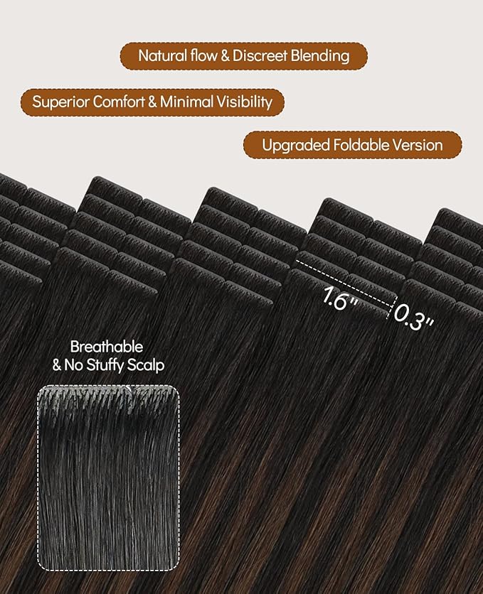 VINBAO 60g Invisi Edge Tape in Hair Extensions Real Human Hair 22in 20pcs Natural Black Ombre to Chocolate Brown Invisible Injected Tape in Hair Extensions 22inch #1BT4