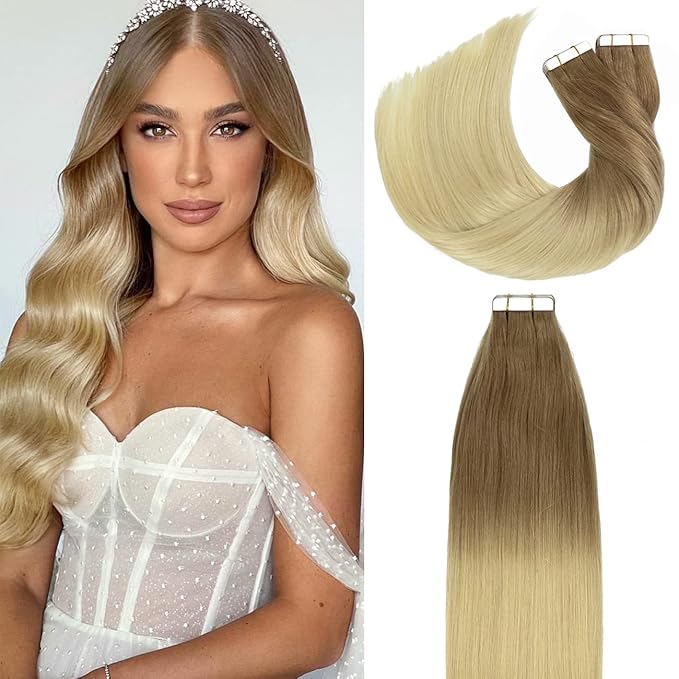 Lacerhair Tape in Balayage Natural Hair Extensions Silky Straight Ombre Bronde to Bleach Blonde Soft Human Hair Extensions 22 Inches