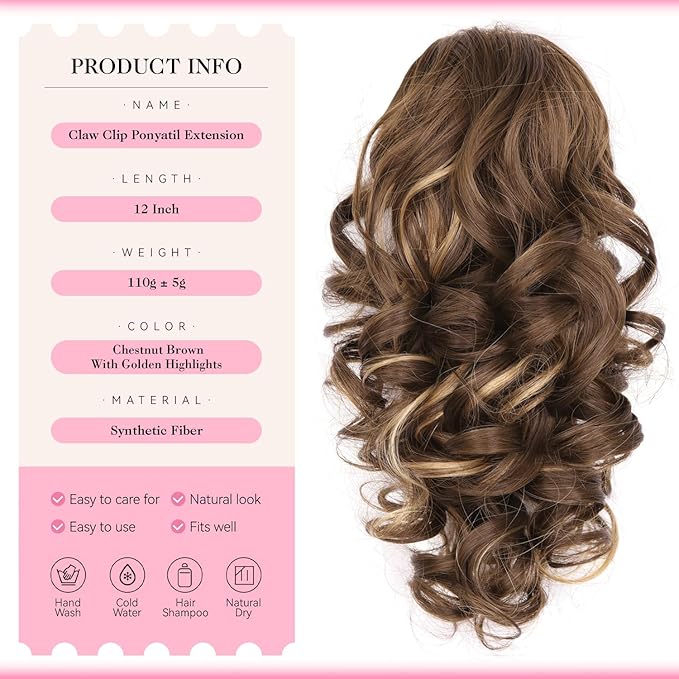 Clip on Ponytails for Women - 12 Inch Curly Ponytail Extension, Wavy Pony Tails Hair Extensions, Synthetic Hair Extensions Ponytail, Clip in Ponytail (Color: Chestnut Brown With Golden Highlights)