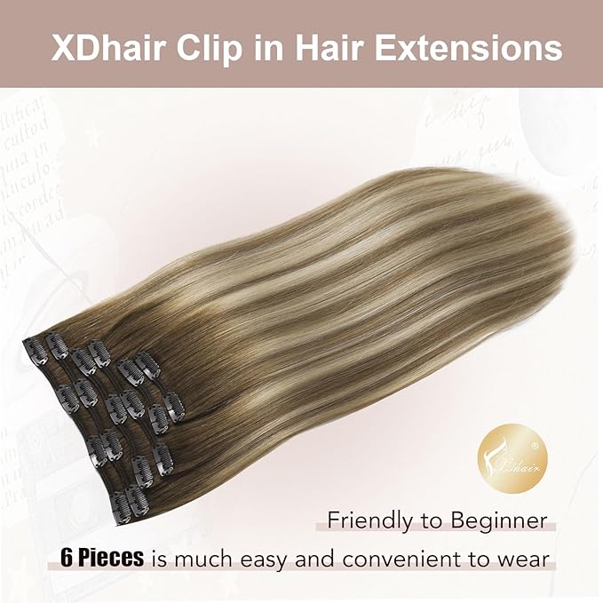 XDhair Human Hair Clip in Hair Extensions 22 Inch 6pcs 120g Balayage Color 3 Darker Brown to 8 Ash Brown and 22 Golden Blonde Double Weft Clip in Hair Extensions(22”, 3/8/22)
