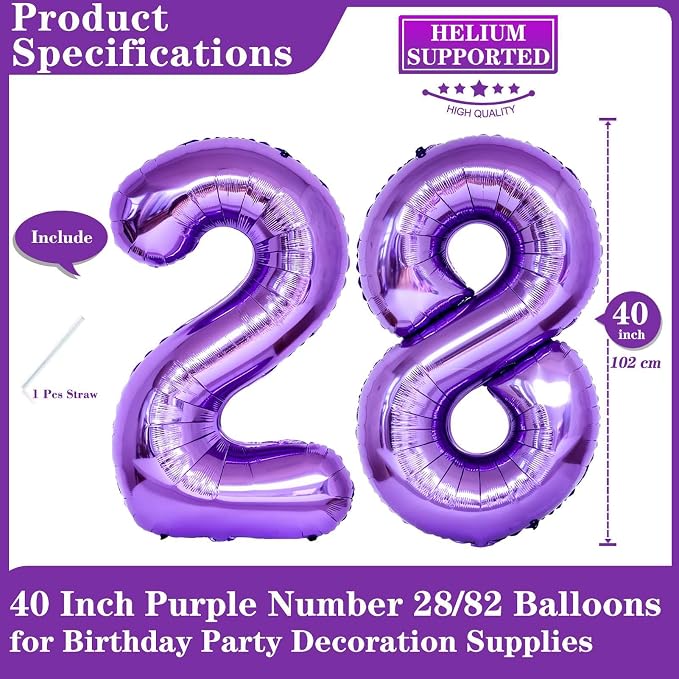 Purple 28 Number Balloons, 40 Inch Giant Number 28 Balloons Foil Mylar Helium - Image 2