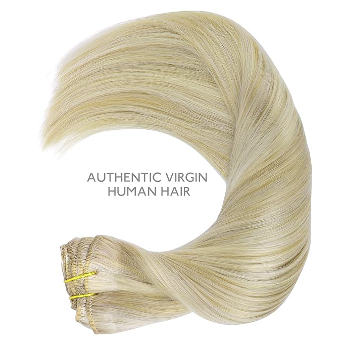 WENNALIFE Clip in Hair Extensions Real Human Hair, 22 Inch 120g 7pcs Remy Hair, Ash Blonde Highlighted Platinum Blonde Straight Natural Extensiones De Cabello Humano Con Clip Ins