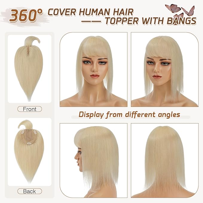 Rich Choices Real Human Hair Toppers for Women With Bang 100% Remy Human Hair Topper for Thinning Hair Clip in Silk Base Hair Topper 16 Inch #613 Bleach Blonde