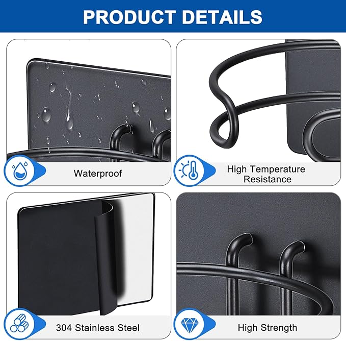 Blow Dryer Holder Wall Mounted, Hair Dryer Holder Stand for Most Hair Dryers Organizer and Storage, Self Adhesive Hairdryer Hanger Rack for Bathroom and Cabinet, Black
